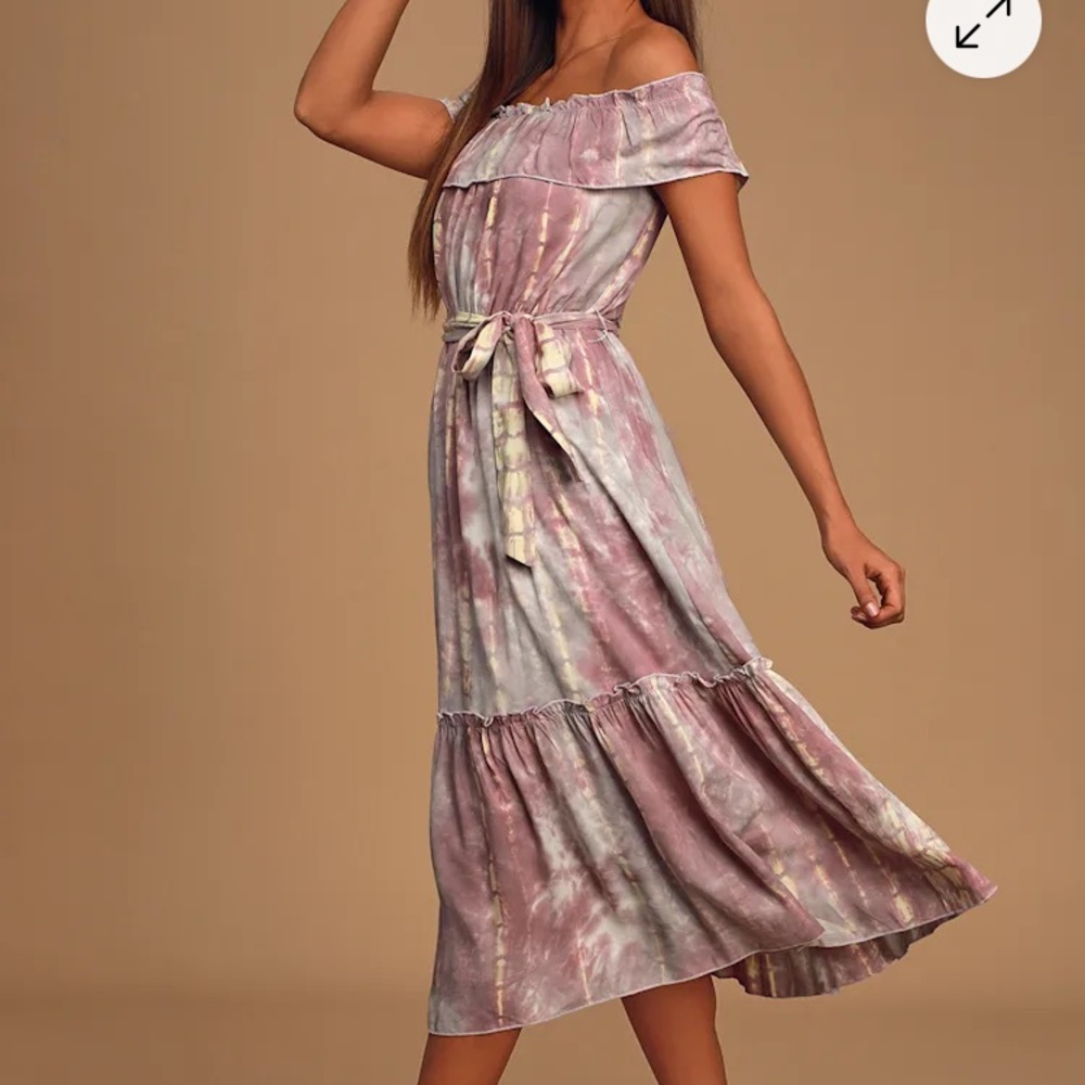 Lulu's Dazed Purple Multi Tie-Dye Ruffled Off-the-Shoulder Midi Dress